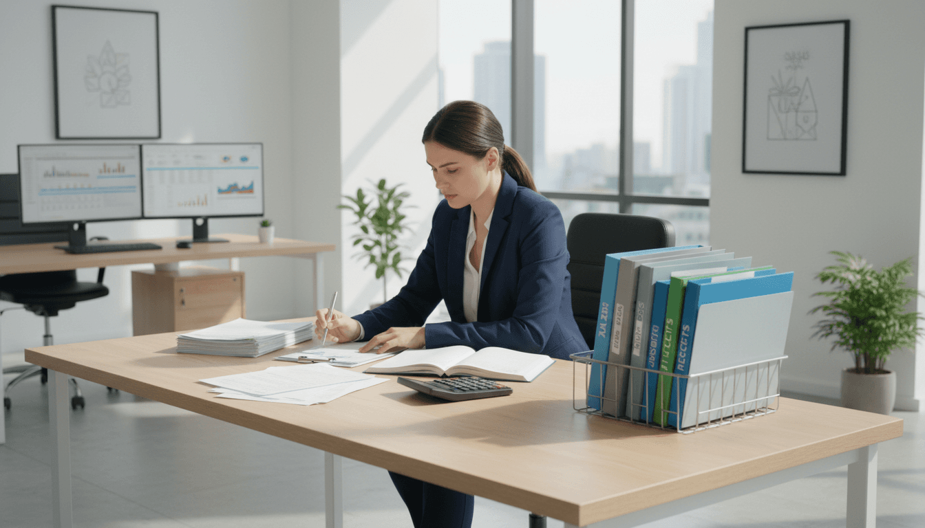 Professional tax specialist working at desk with organized documents and tax forms