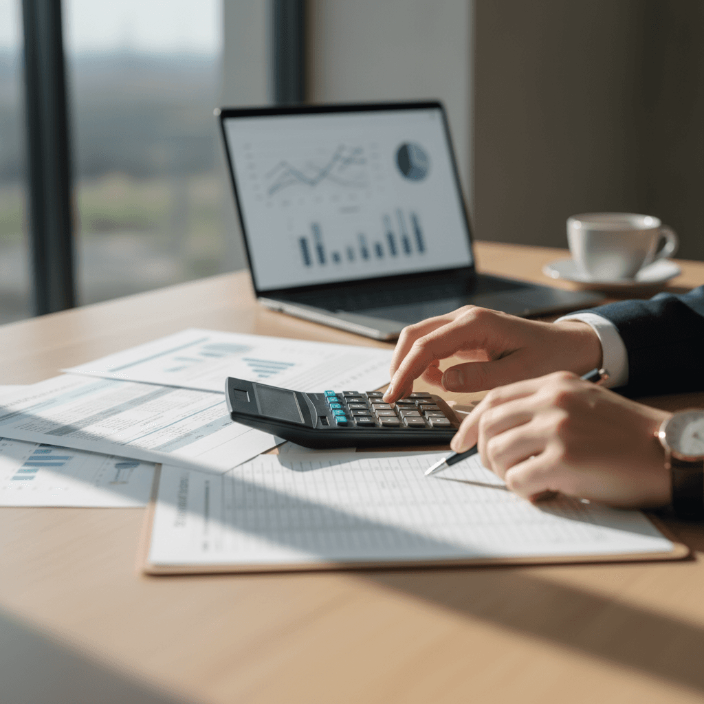 Professional reviewing tax documents at desk with calculator