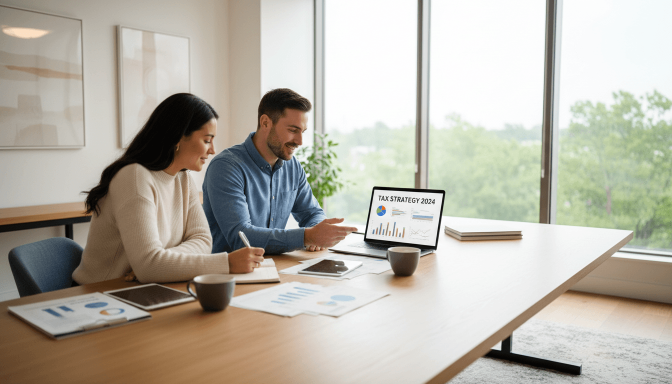 Professional in business attire reviewing tax documents at a clean modern desk