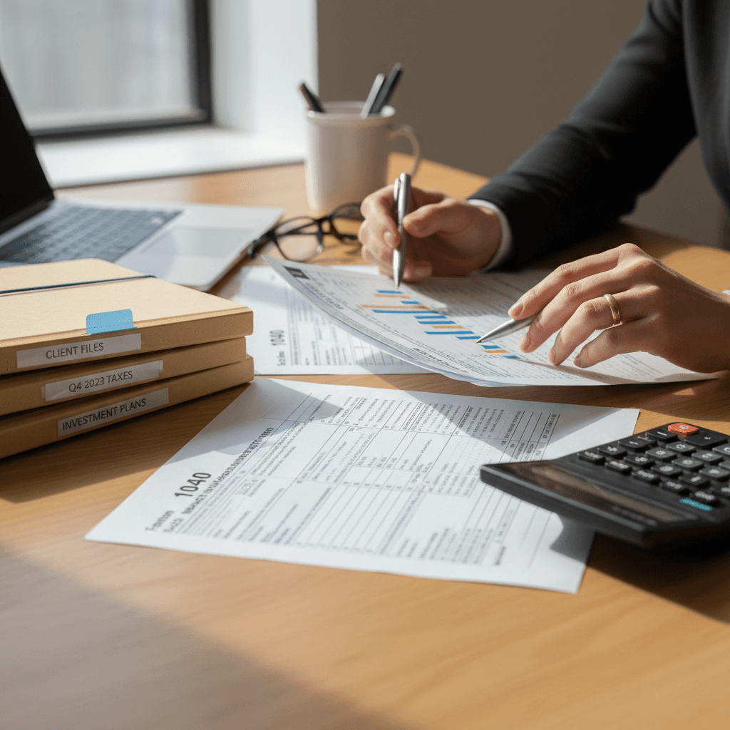 Tax professional reviewing client documents