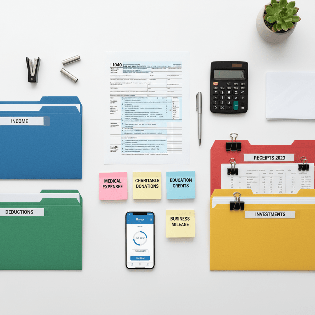 Professional workspace with tax documents, calculator, and organized paperwork on a clean desk